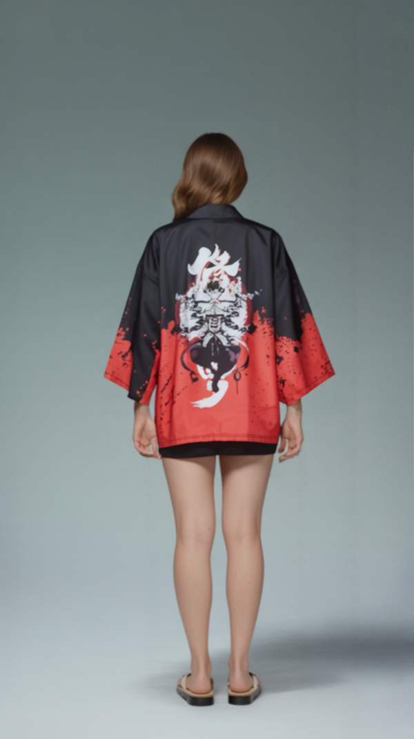 Demon Warrior Kimono Jacket – Red & Black Ink Splatter Martial Art Style