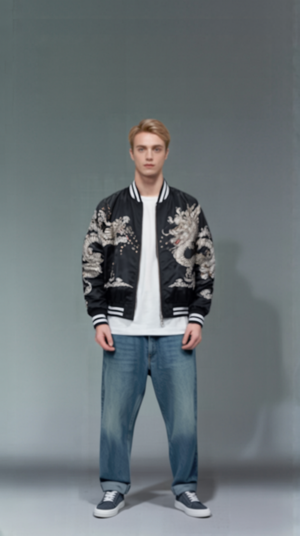 Embroidered Dragon & Kitsune Nine Tail Fox Japanese Souvenir Jacket