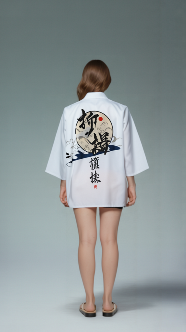 White Japanese Kimono Jacket with Crane and Wave Design