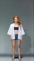White Japanese Kimono Jacket with Crane and Wave Design