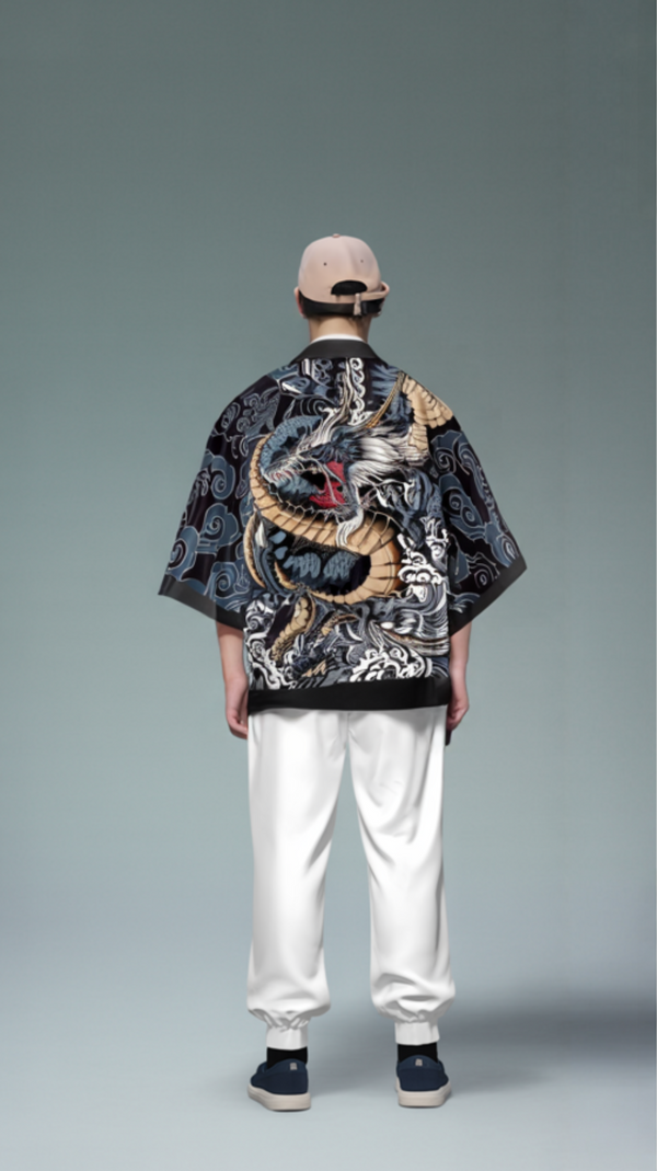 Black Kimono Cardigan with Dragon Print – Streetwear Style