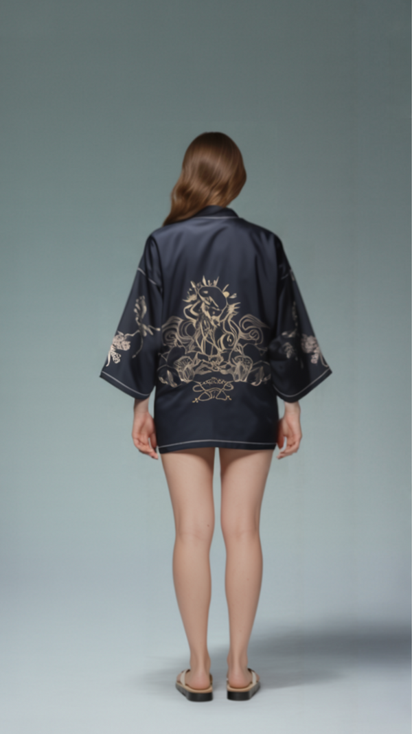 Black Kimono Jacket with Gold Phoenix and Lotus Design
