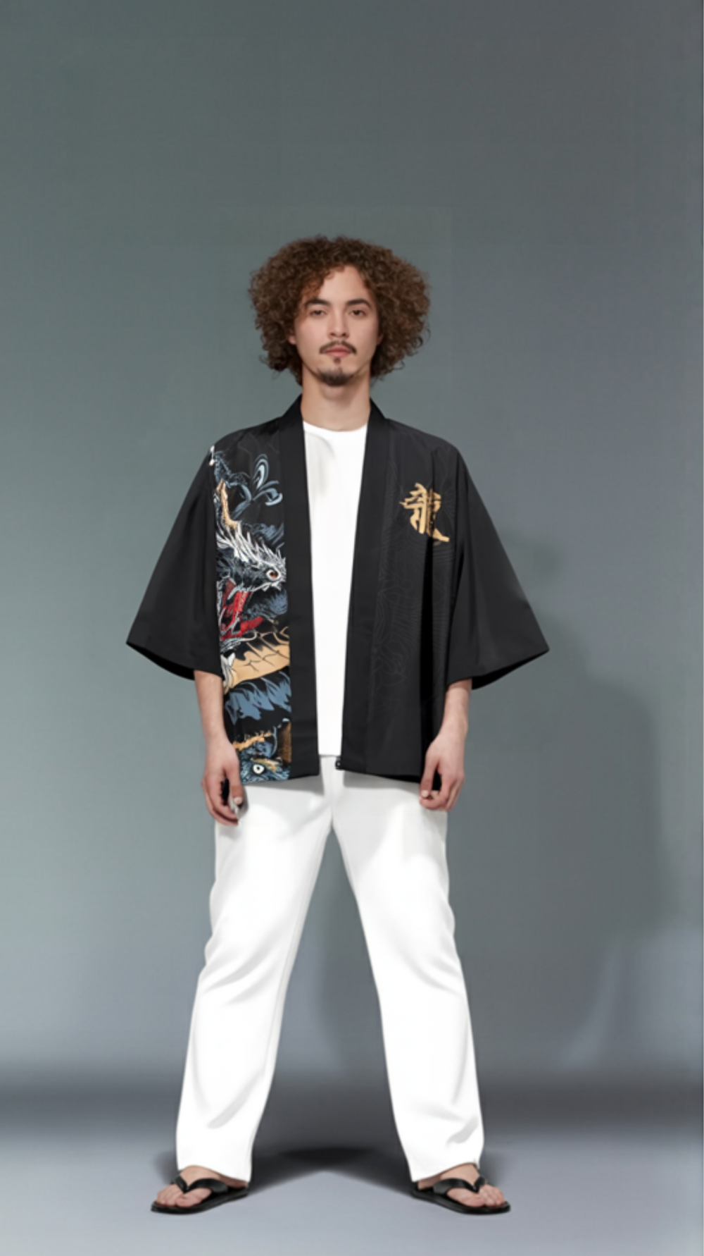Black Kimono Cardigan with Dragon Print – Streetwear Style