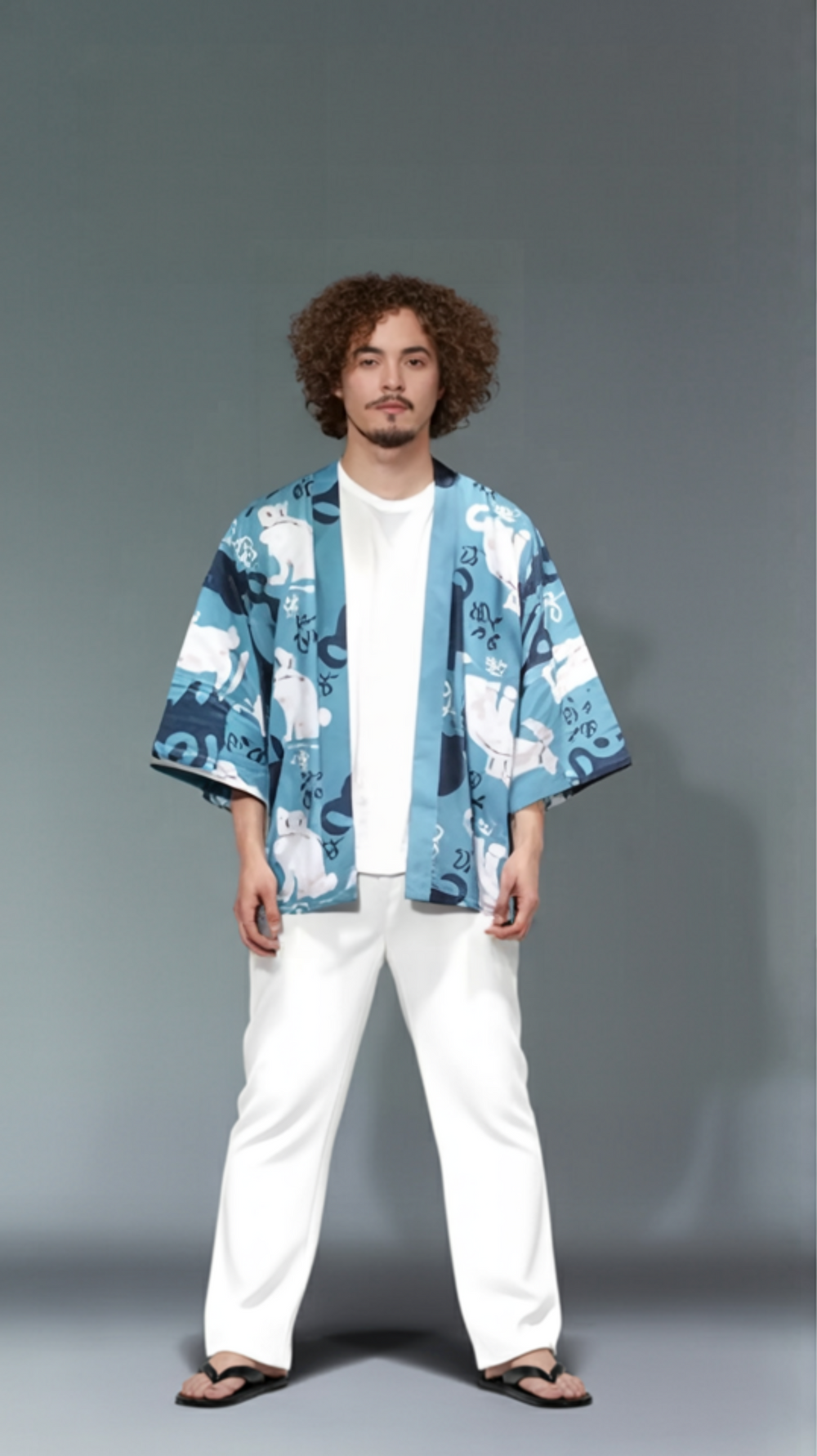 Teal Cat-Pattern Kimono Cardigan – Cool Unisex Layer