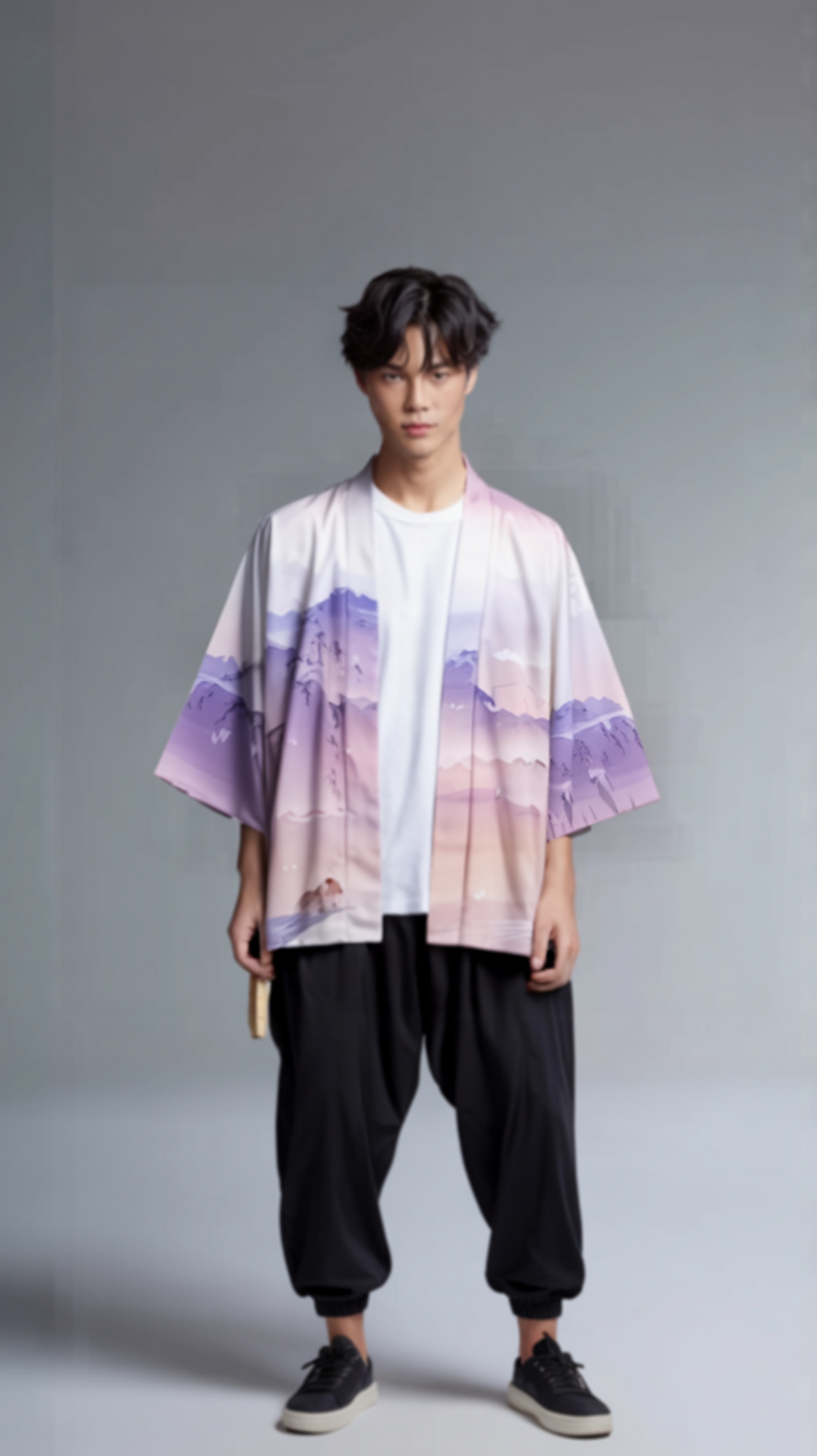 Watercolor Mountain Kimono Jacket – Pastel Purple Unisex Haori Cardigan
