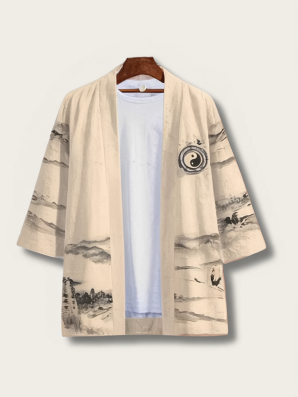Ink-Wash Crane & Yin-Yang Kimono Cardigan – Sandstone Haori