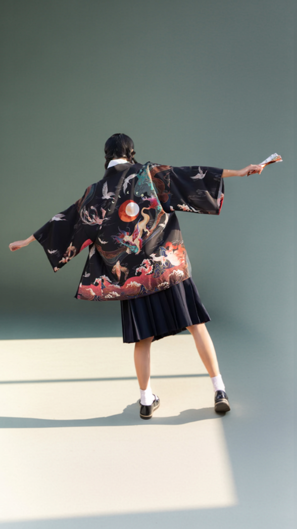 Mythical Crane & Dragon Kimono Jacket – Celestial Wave Pattern