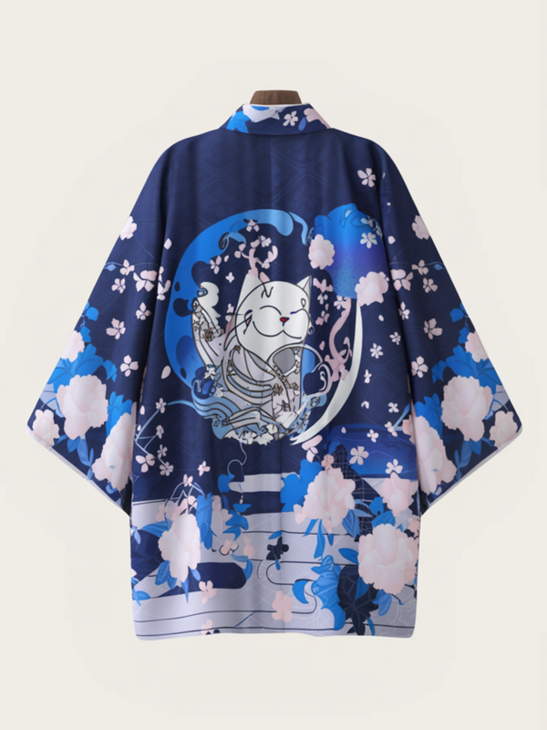 Sakura Fortune Haori Kimono Jacket | Lucky Cat & Cherry Blossom Print
