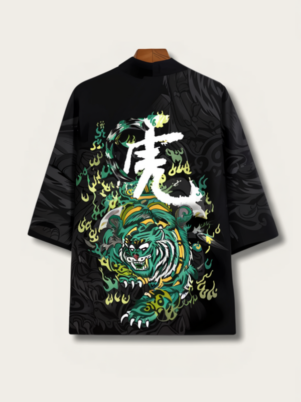 Black Tiger Flame Kimono Jacket – Unisex Streetwear Haori Cardigan