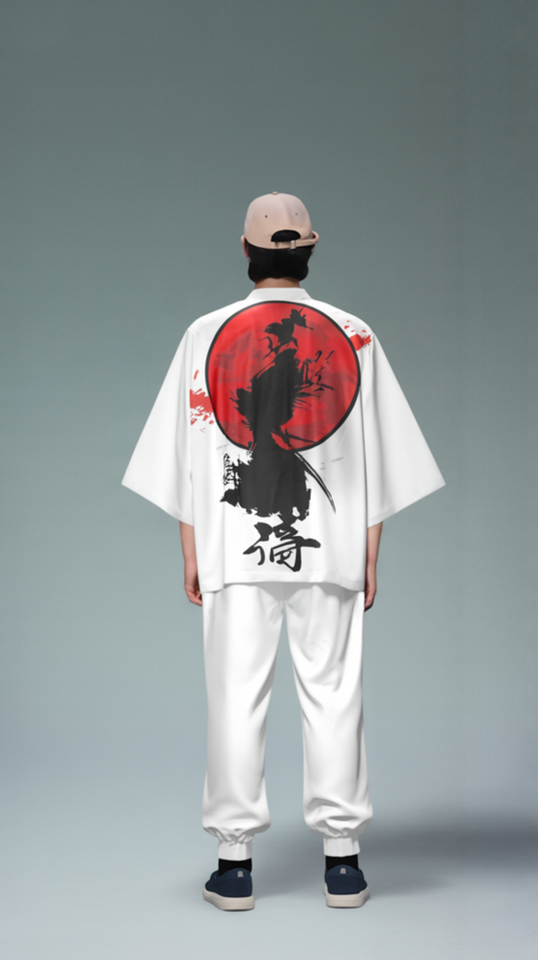 Red Circle Samurai Kimono Shirt – Artistic Japanese-Inspired Design for Unique Streetwear