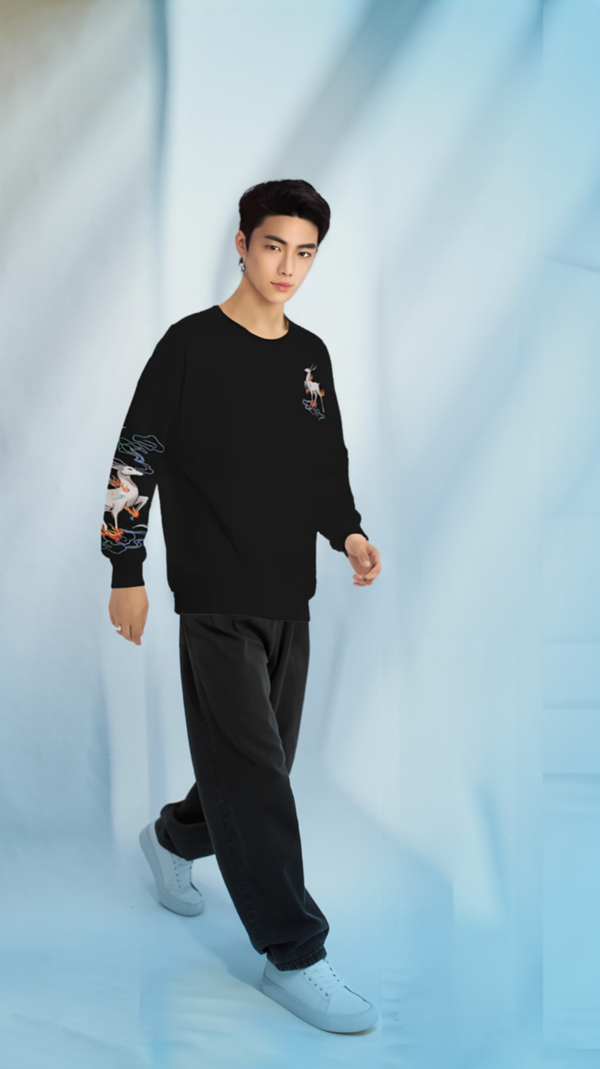 Embroidered Black Mythical Stag Japanese Sweatshirt