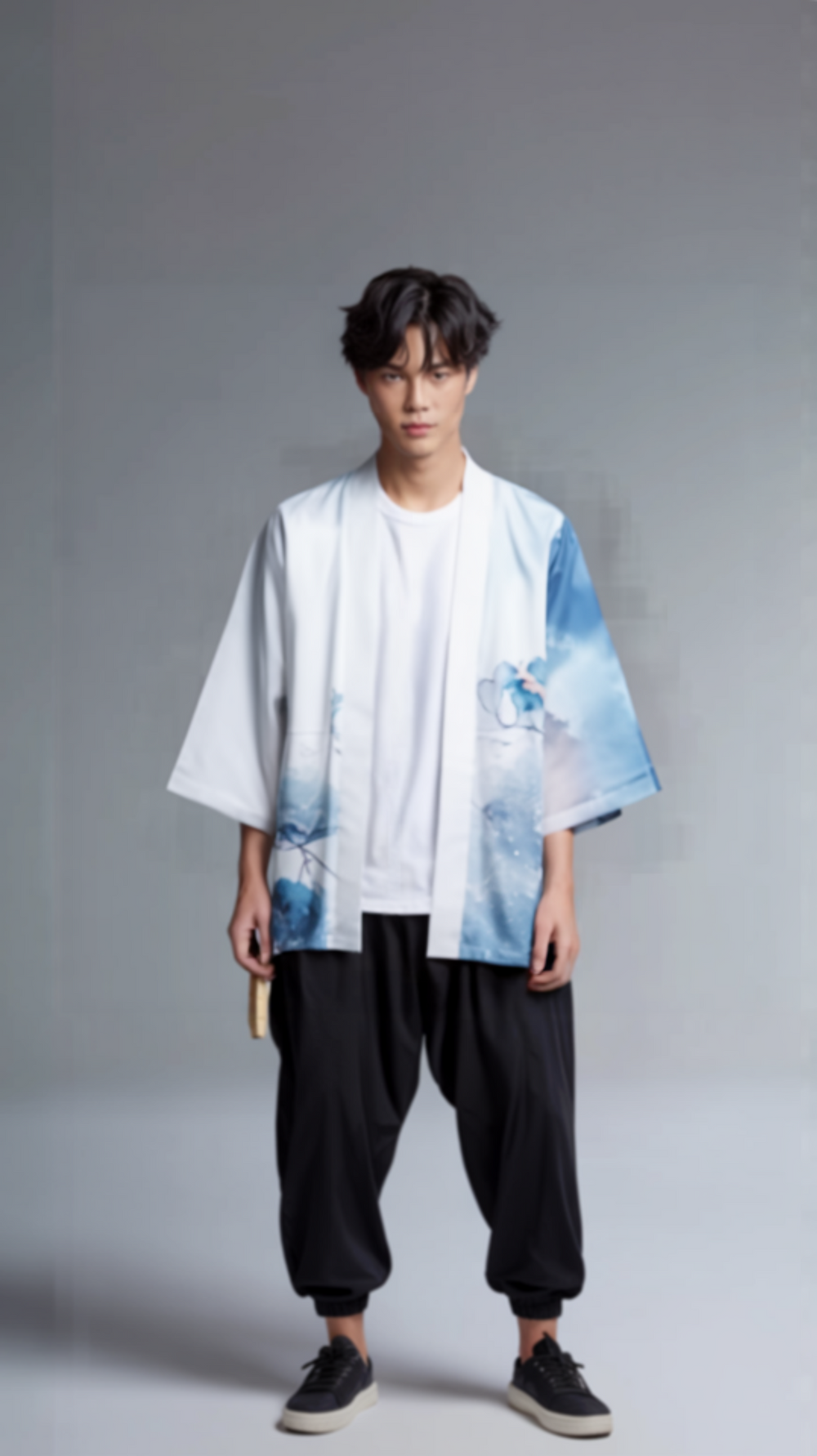 Watercolor Lotus Kimono Jacket – Sky-Blue Unisex Haori Cardigan