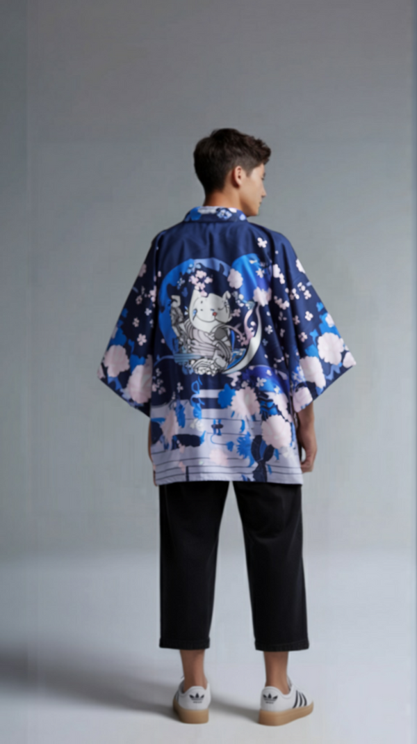 Sakura Fortune Haori Kimono Jacket | Lucky Cat & Cherry Blossom Print