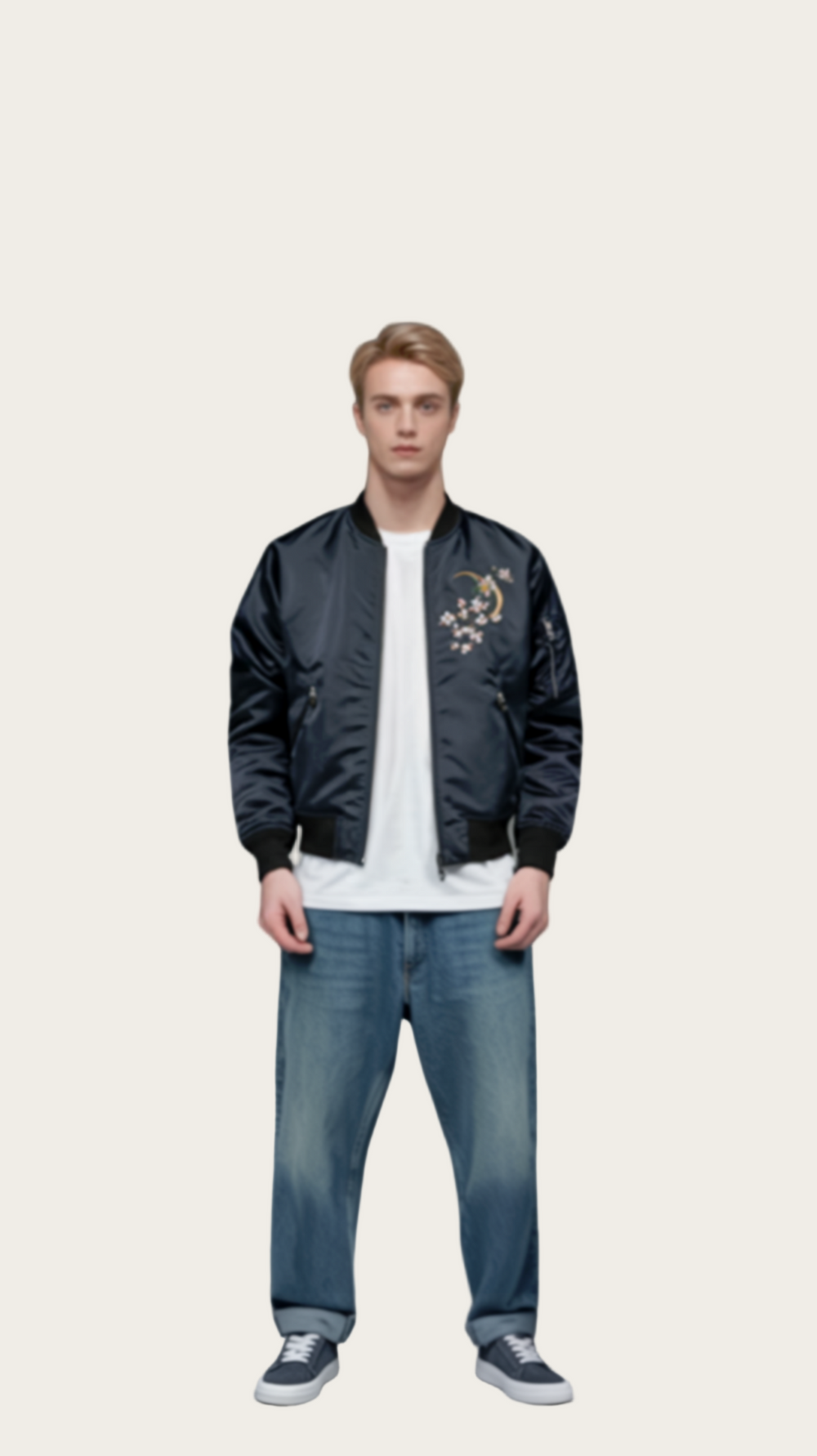 Man wearing a black bomber jacket with floral embroidery, white t-shirt, and blue jeans on a gray background