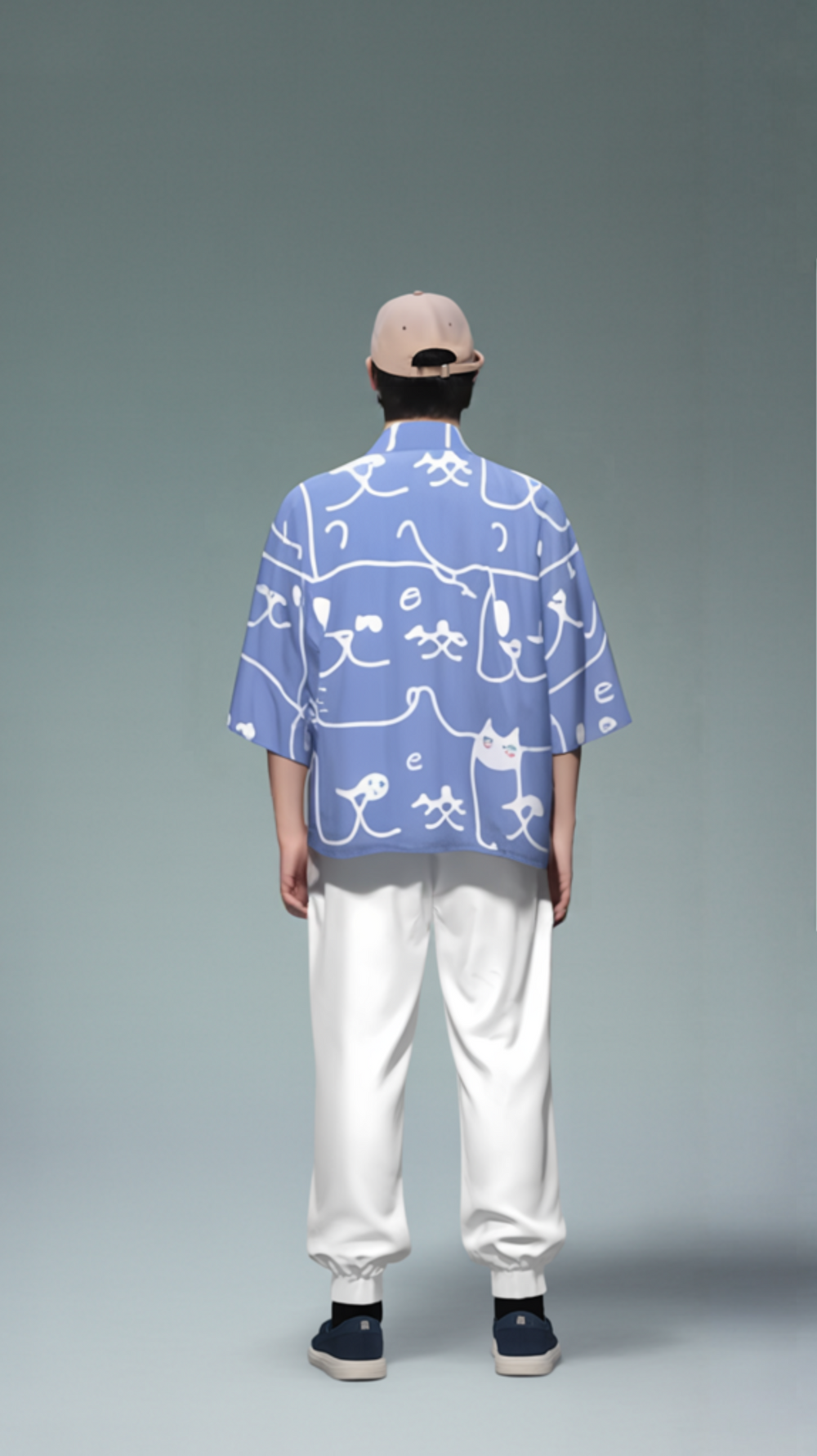 Blue Cat-Doodle Kimono Cardigan – Playful Unisex Layer