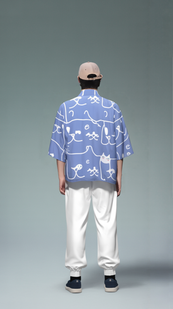 Blue Cat-Doodle Kimono Cardigan – Playful Unisex Layer