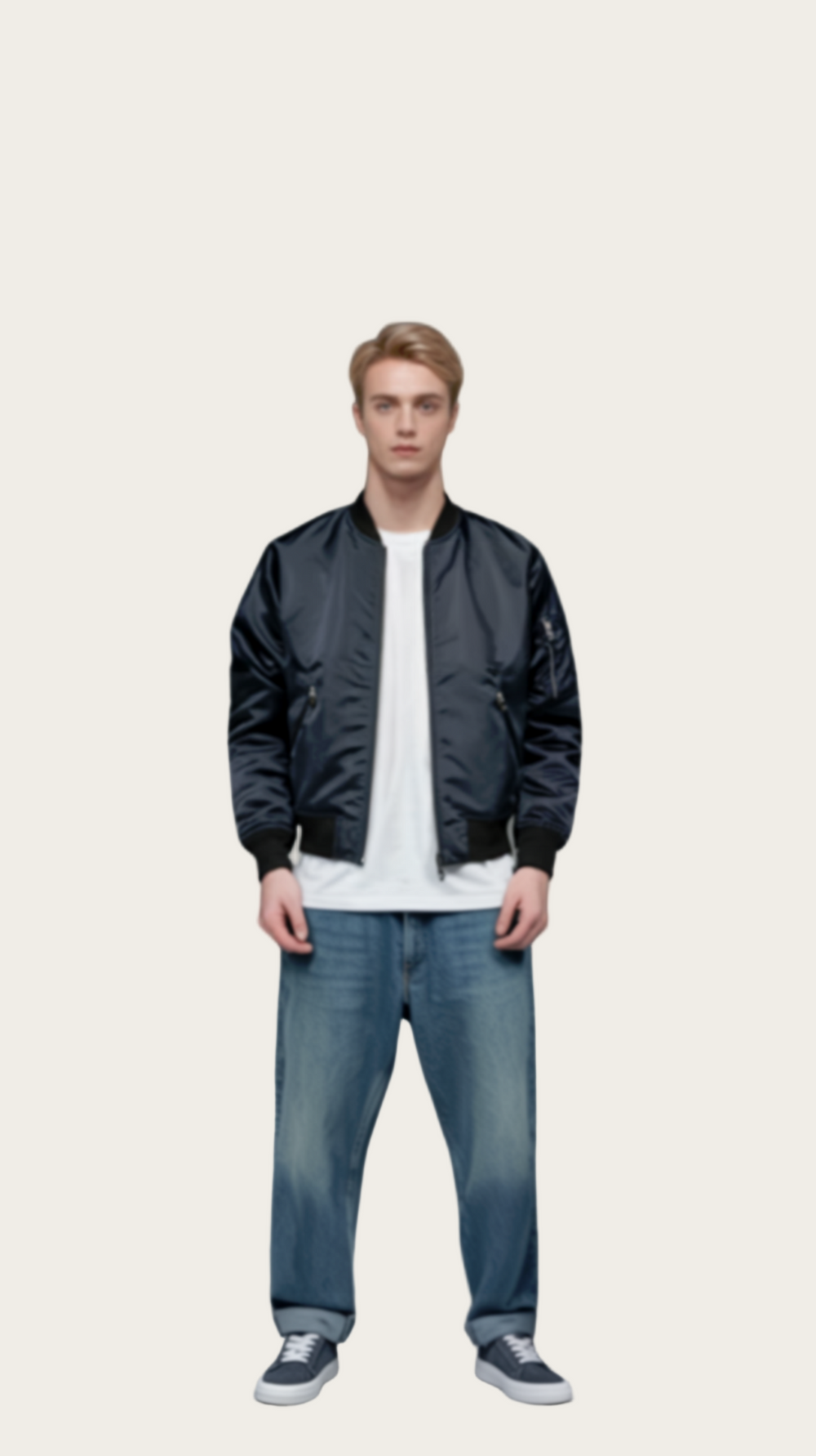 Man wearing a black bomber jacket, white shirt, and blue jeans on a gray background
