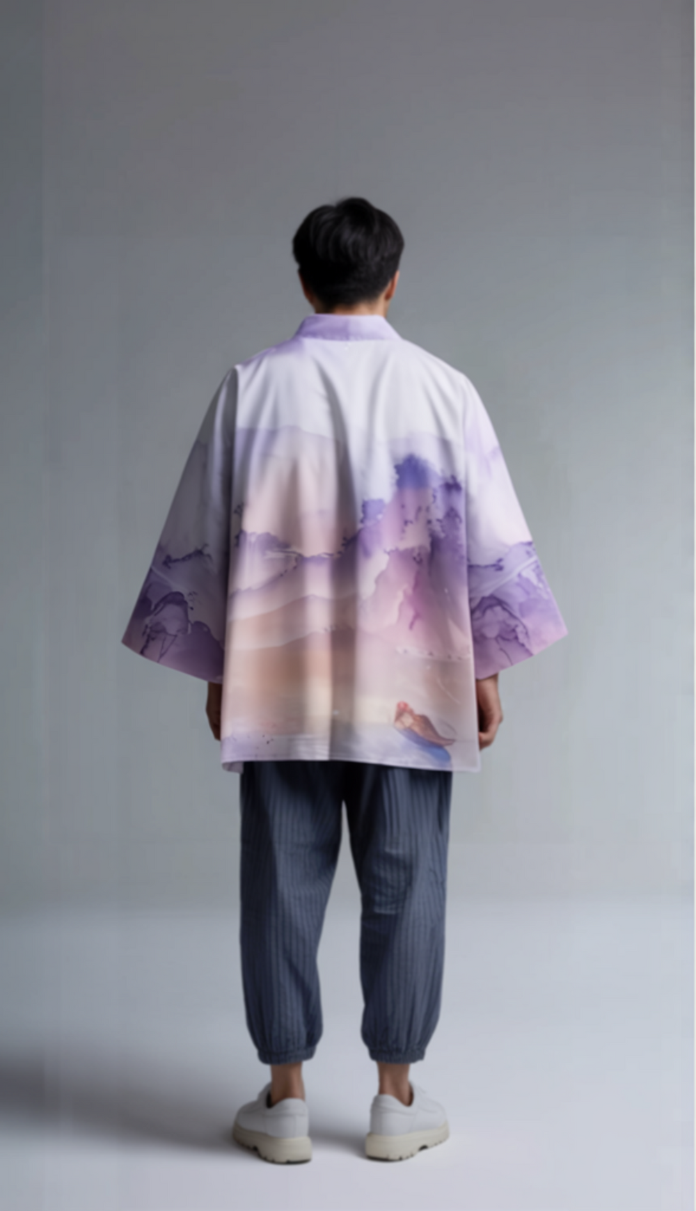 Watercolor Mountain Kimono Jacket – Pastel Purple Unisex Haori Cardigan