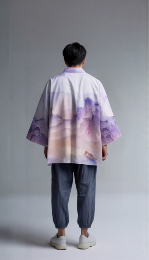 Watercolor Mountain Kimono Jacket – Pastel Purple Unisex Haori Cardigan