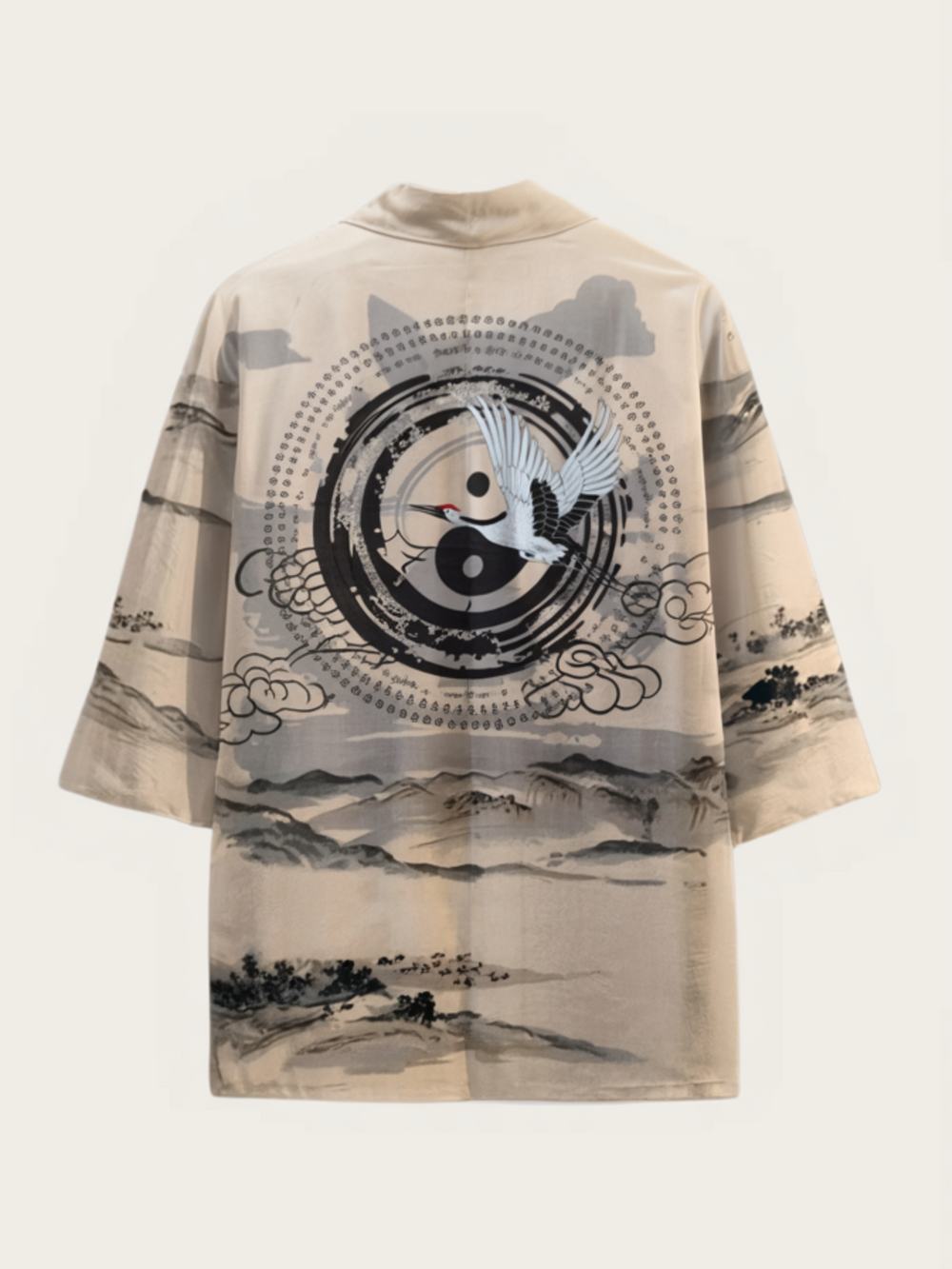 Ink-Wash Crane & Yin-Yang Kimono Cardigan – Sandstone Haori