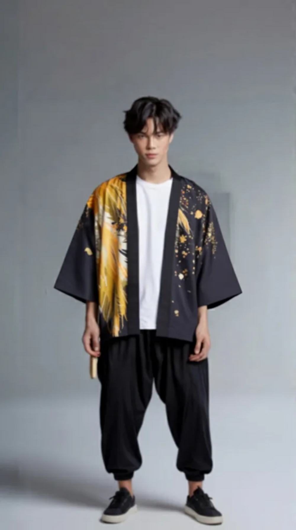 Feather Print Kimono Cardigan – Gold Flame & Silver Frost Haori