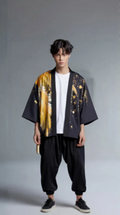 Feather Print Kimono Cardigan – Gold Flame & Silver Frost Haori