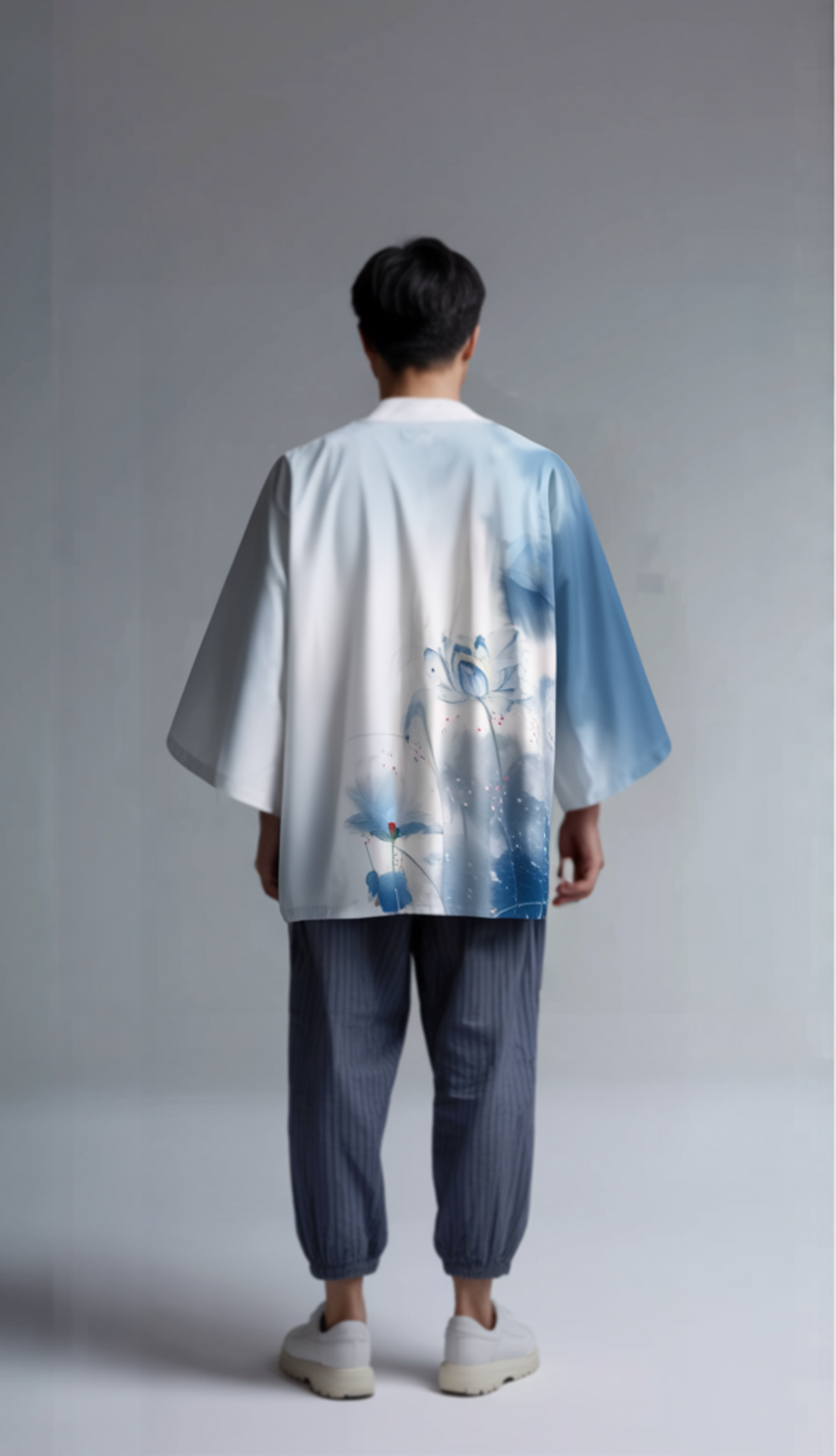 Watercolor Lotus Kimono Jacket – Sky-Blue Unisex Haori Cardigan
