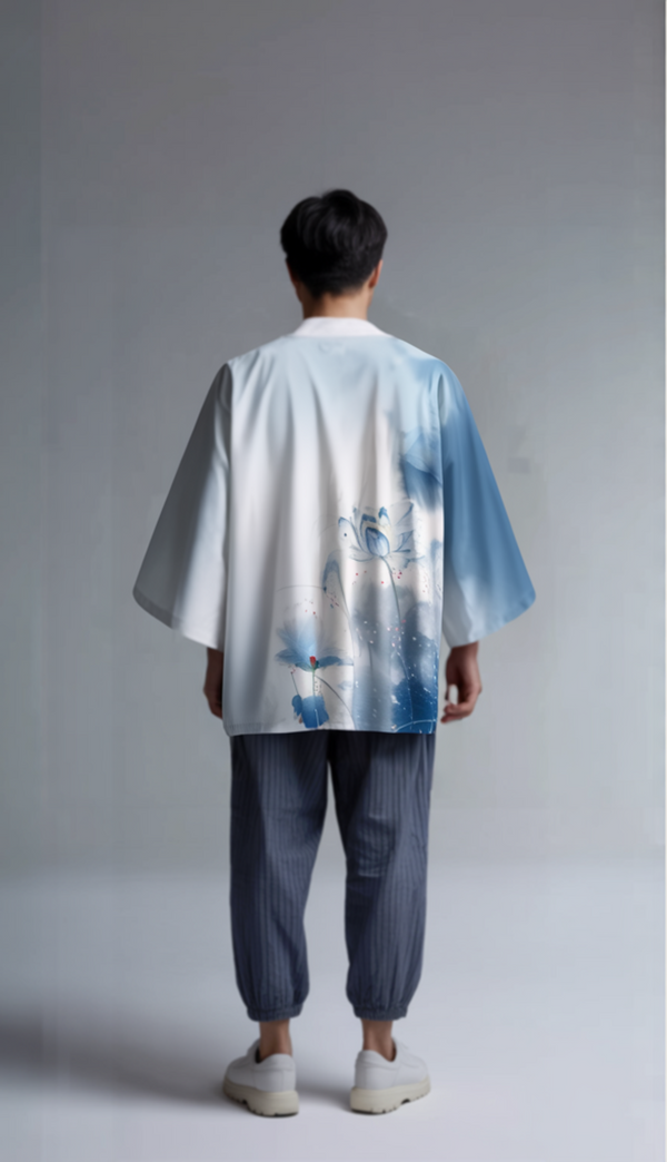 Watercolor Lotus Kimono Jacket – Sky-Blue Unisex Haori Cardigan