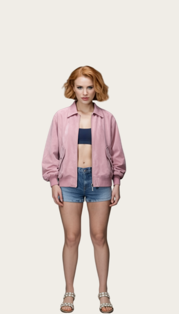 Woman wearing a pink jacket and denim shorts against a gray background