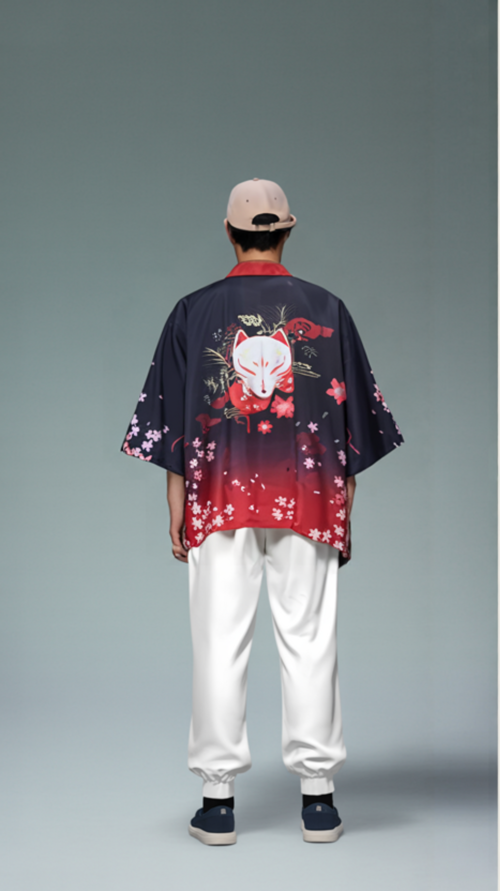 Fox Mask and Cherry Blossom Kimono - Bold Red and Black Design