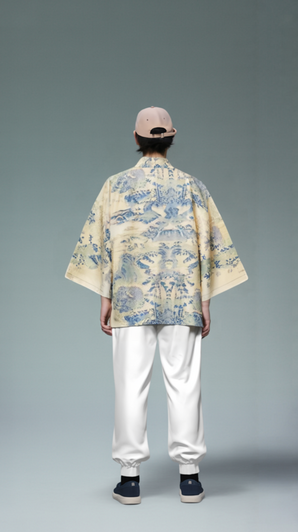 Vintage Landscape Print Kimono - Soft Yellow and Blue Design