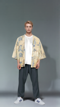 Vintage Landscape Print Kimono - Soft Yellow and Blue Design