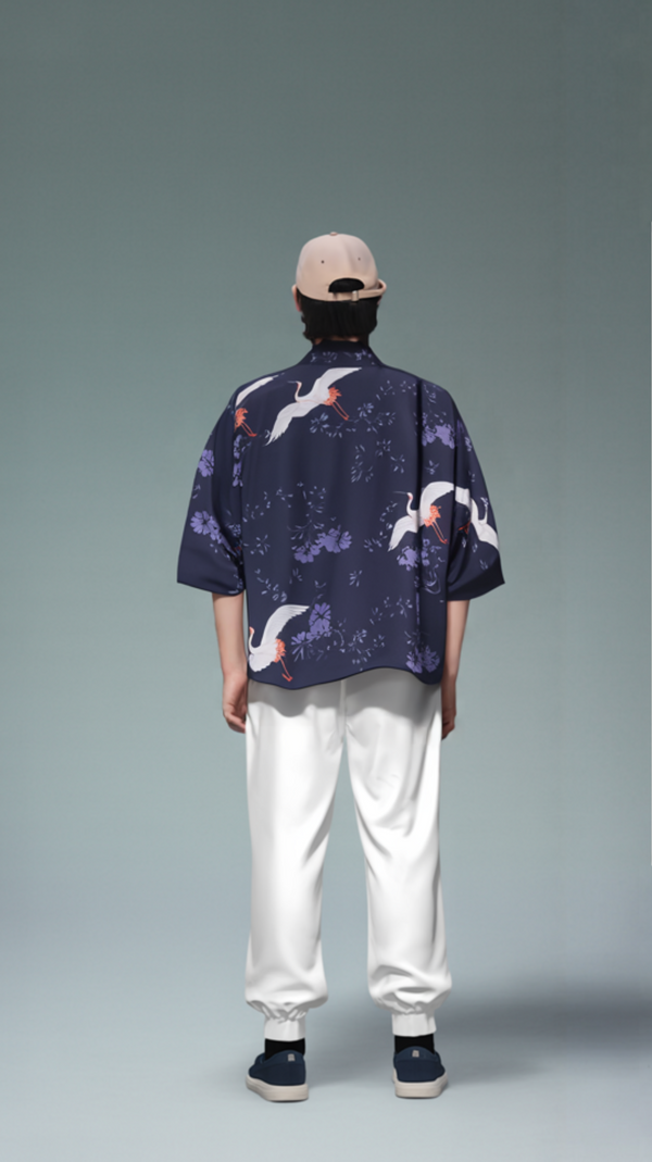 Crane and Floral Navy Kimono - Elegant Design with Loose Fit