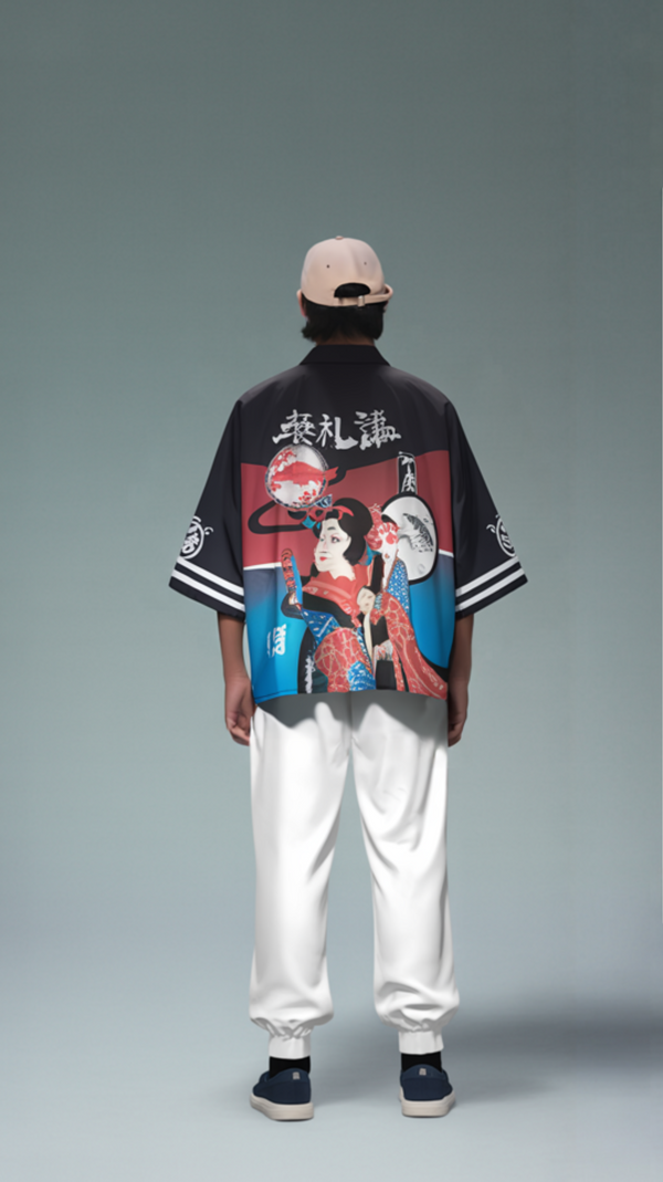 Geisha and Koi Fish Japanese Art Kimono - Bold Red and Blue Design