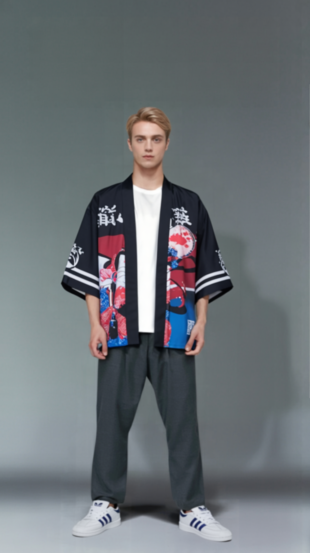 Geisha and Koi Fish Japanese Art Kimono - Bold Red and Blue Design