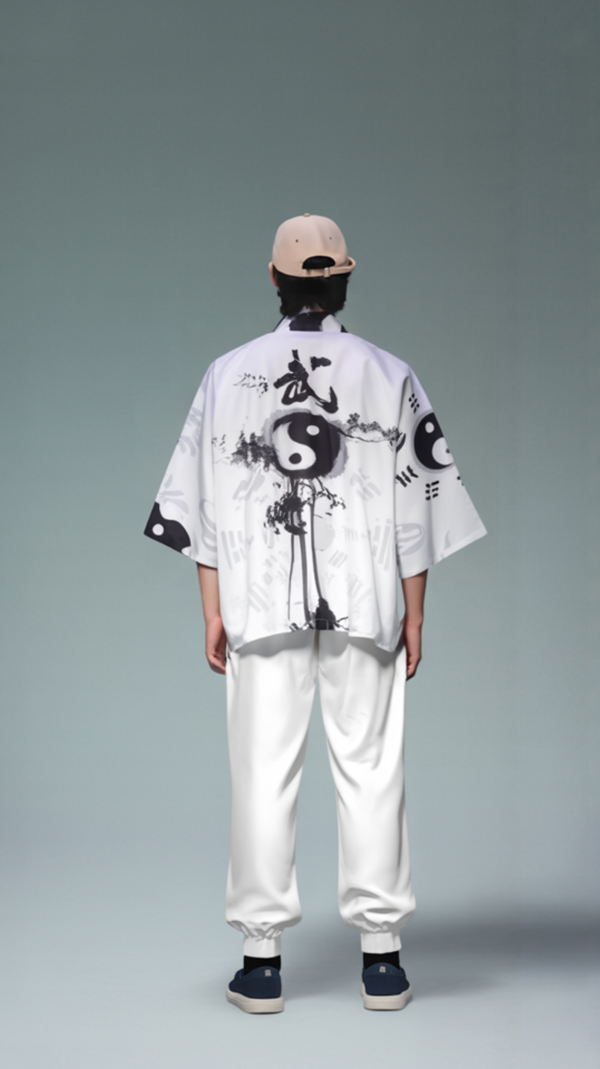 Yin-Yang Korean Calligraphy Kimono - Elegant White Design