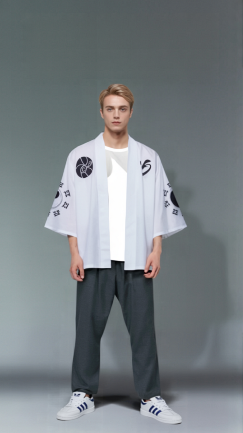 Yin-Yang Korean Calligraphy Kimono - Elegant White Design