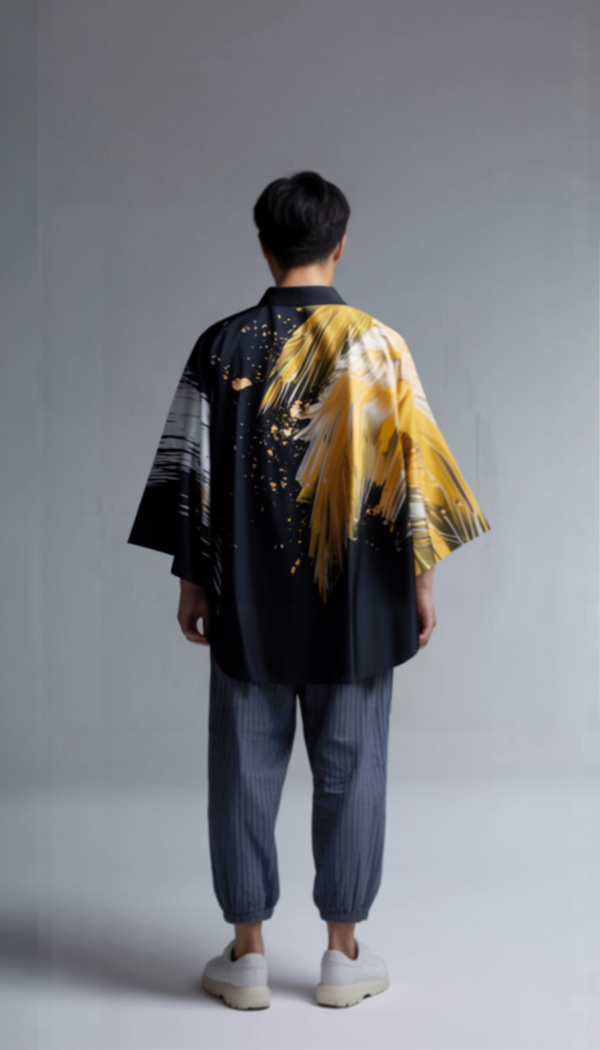 Feather Print Kimono Cardigan – Gold Flame & Silver Frost Haori