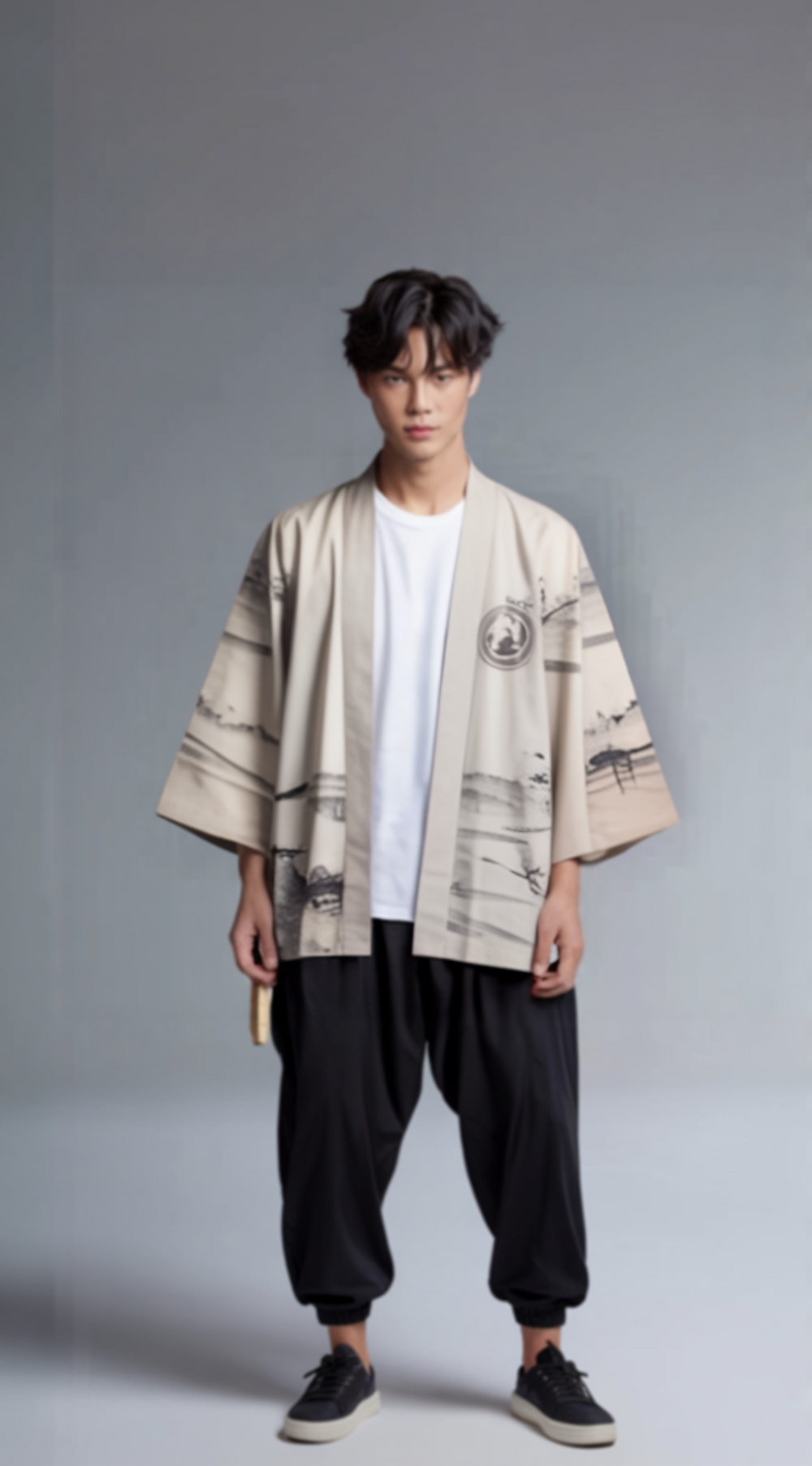 Ink-Wash Crane & Yin-Yang Kimono Cardigan – Sandstone Haori