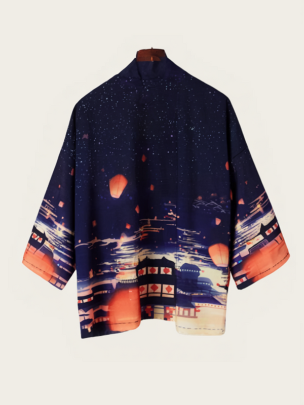 Lantern Sky Haori Kimono Jacket | Nighttime Cityscape & Floating Lanterns