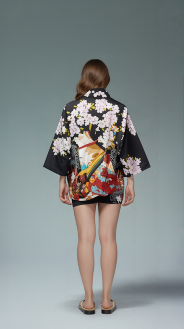 Samurai Cat & Sakura Kimono – Artistic Japanese Floral Haori for Streetwear & Cosplay