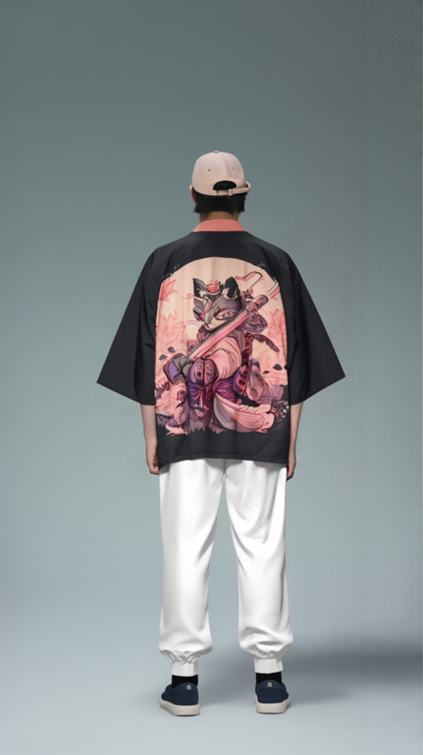 Samurai Cat Sakura Haori Kimono Jacket – Unisex Anime Streetwear