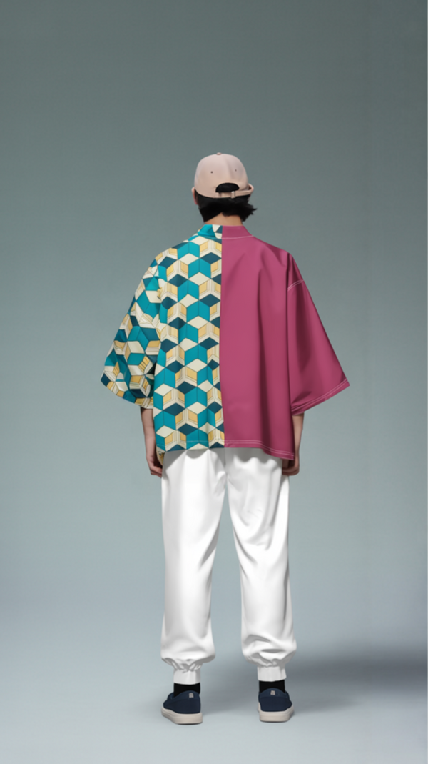 Geometric Pattern Kimono - Bold Teal and Pink Design