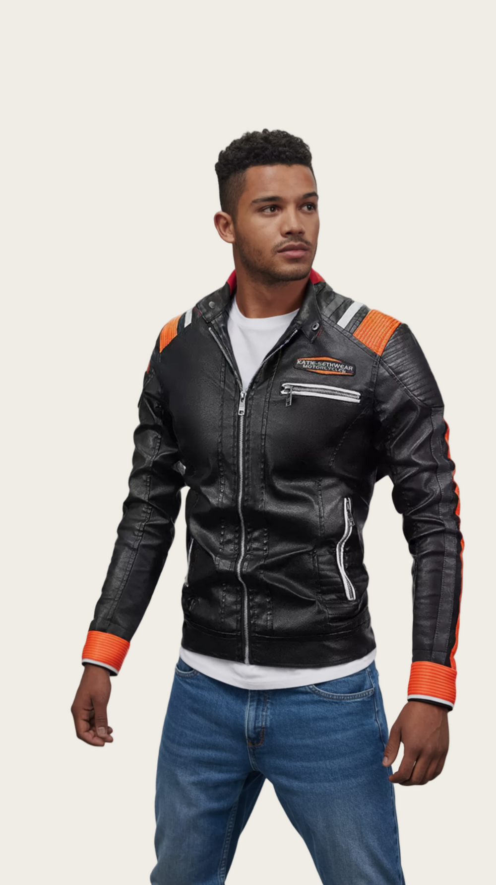 Man wearing a black leather jacket with orange accents on a white background