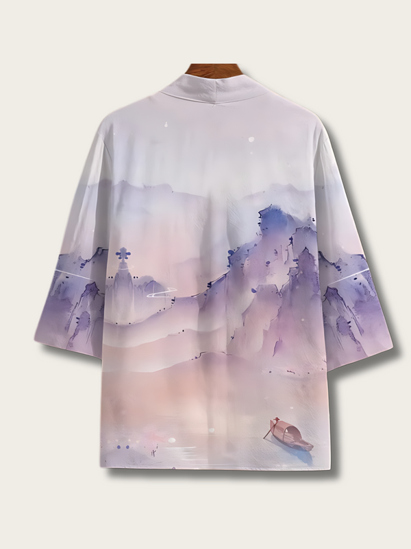 Watercolor Mountain Kimono Jacket – Pastel Purple Unisex Haori Cardigan