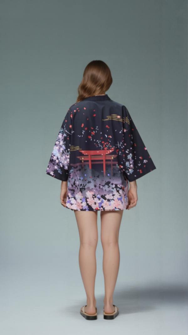Torii Gate & Sakura Kimono Cardigan – Black Japanese Haori Jacket