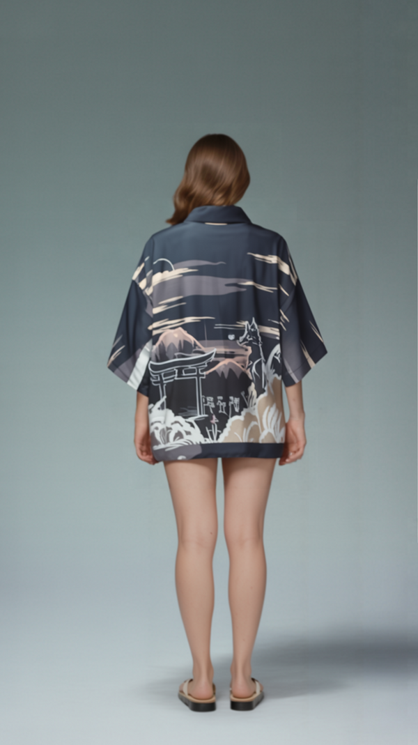 Japanese Kimono Jacket – Moonlight Temple & Wolf Print (Unisex)