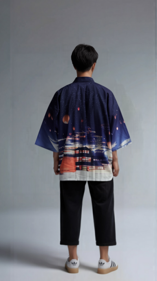 Lantern Sky Haori Kimono Jacket | Nighttime Cityscape & Floating Lanterns