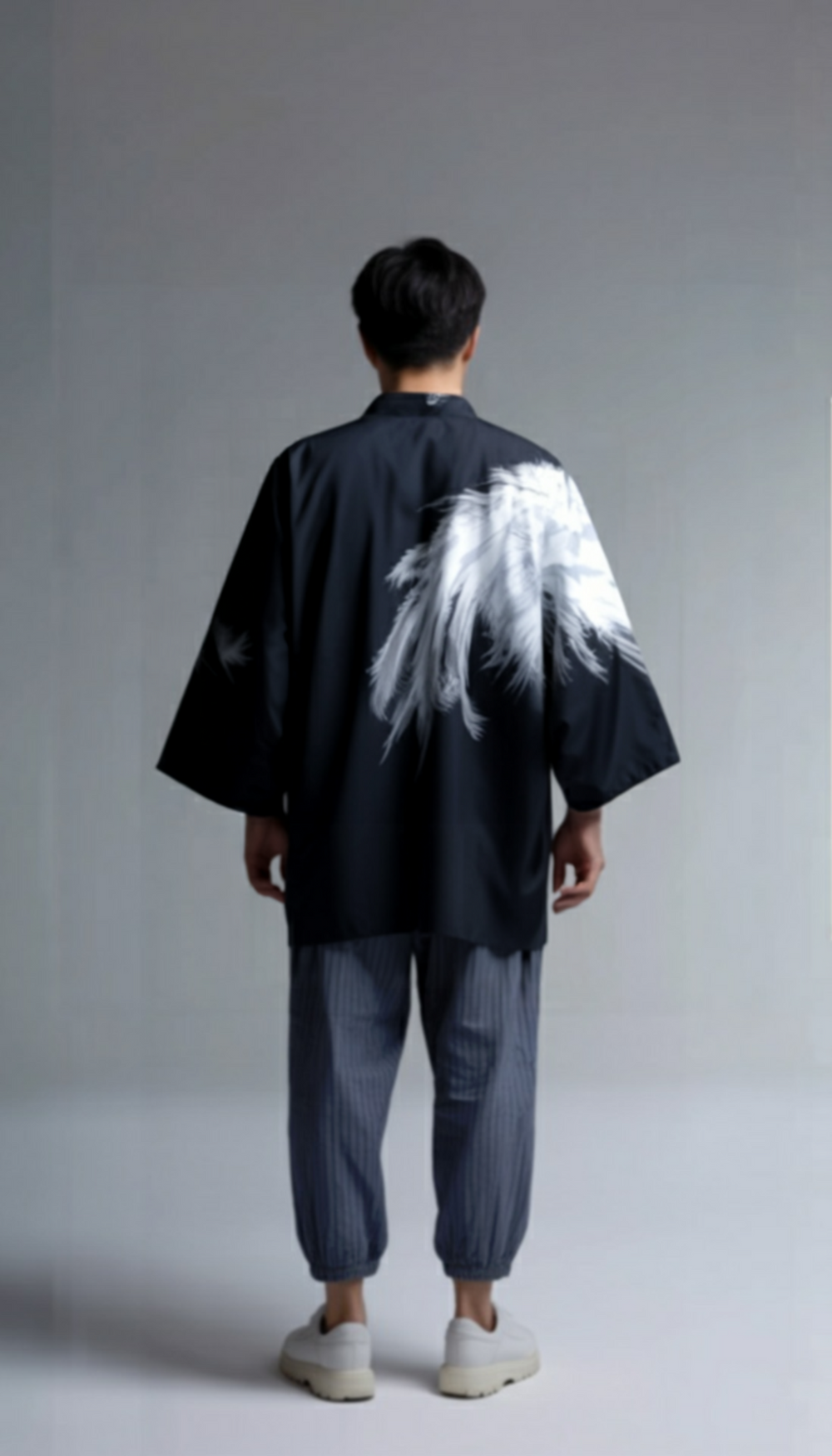 Feather Print Kimono Cardigan – Gold Flame & Silver Frost Haori