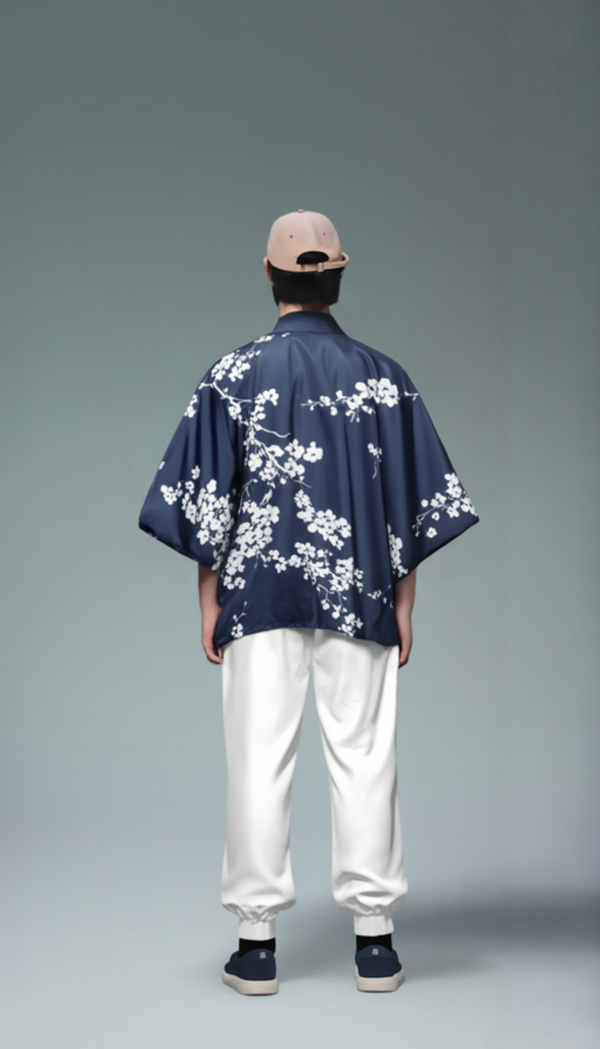 Navy Blue Cherry Blossom Kimono Shirt